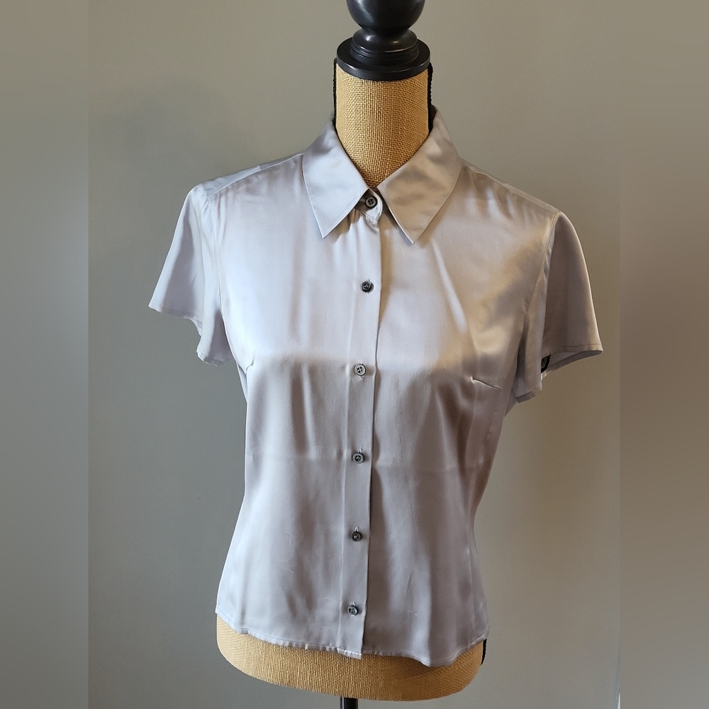 J. Crew Silver Silk Short-Sleeve Button-Down Blouse - Picture 7 of 11